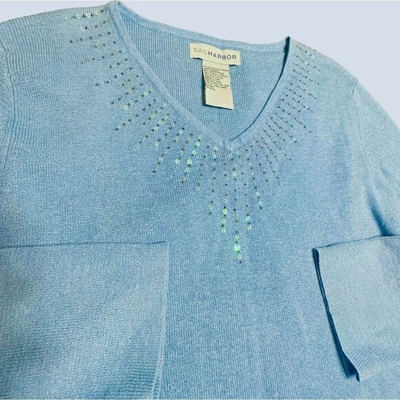 Vintage mid blue Sag Harbor V neck 3/4 sleeve sweater w sequin detail size small - Picture 6 of 11